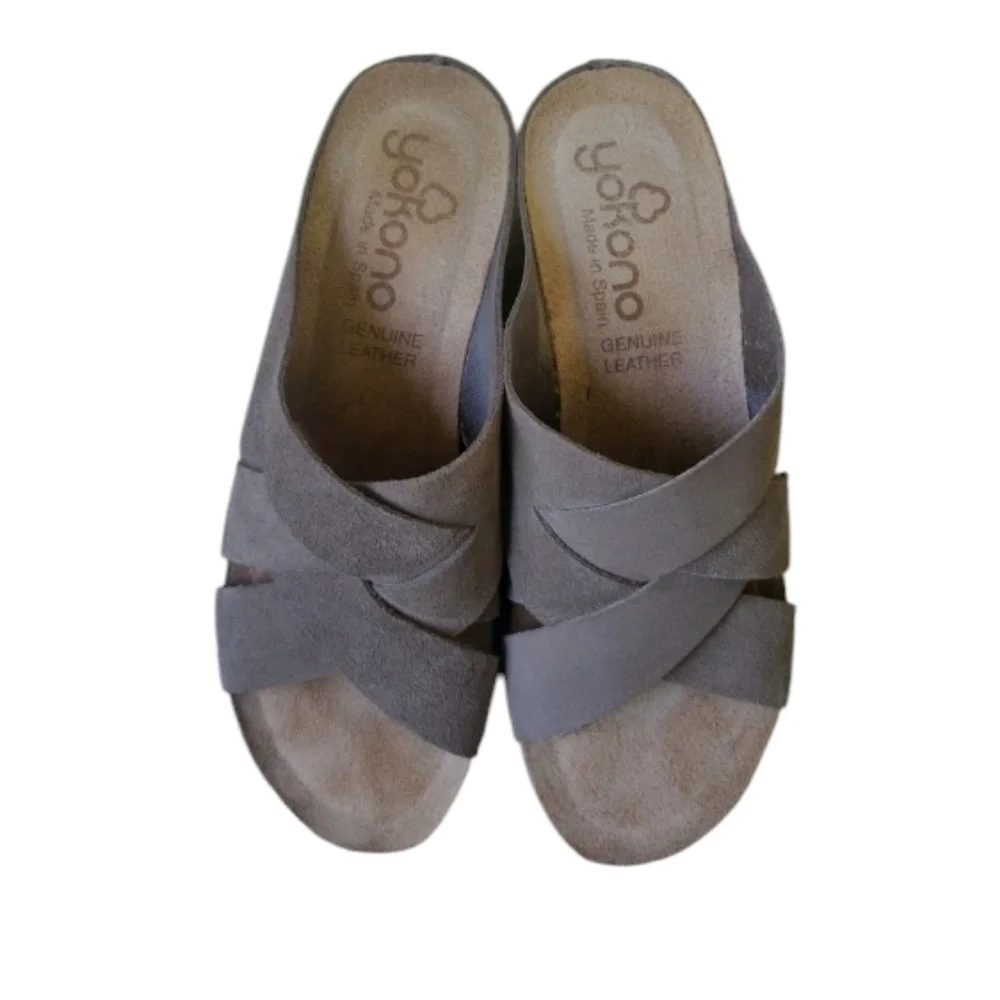 Yokono Cork Wedge Suede Slide Sandal In Taupe Made In Spain Size 9